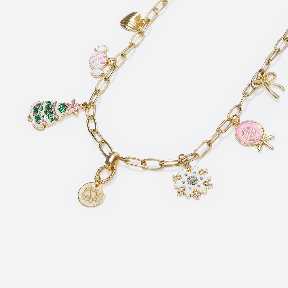 Monogrammed Christmas Charm Necklace in pink gold1