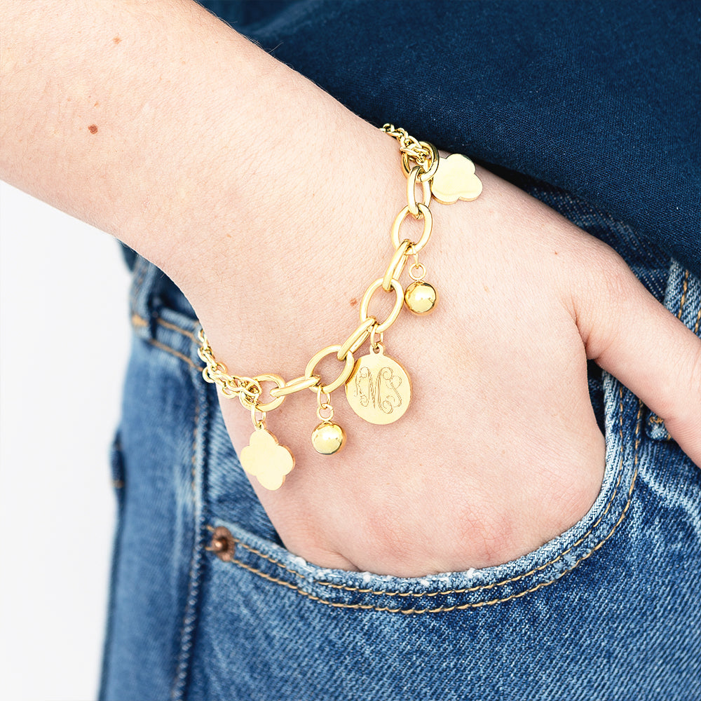 Monogrammed Clover charm Bracelet on girls wrist
