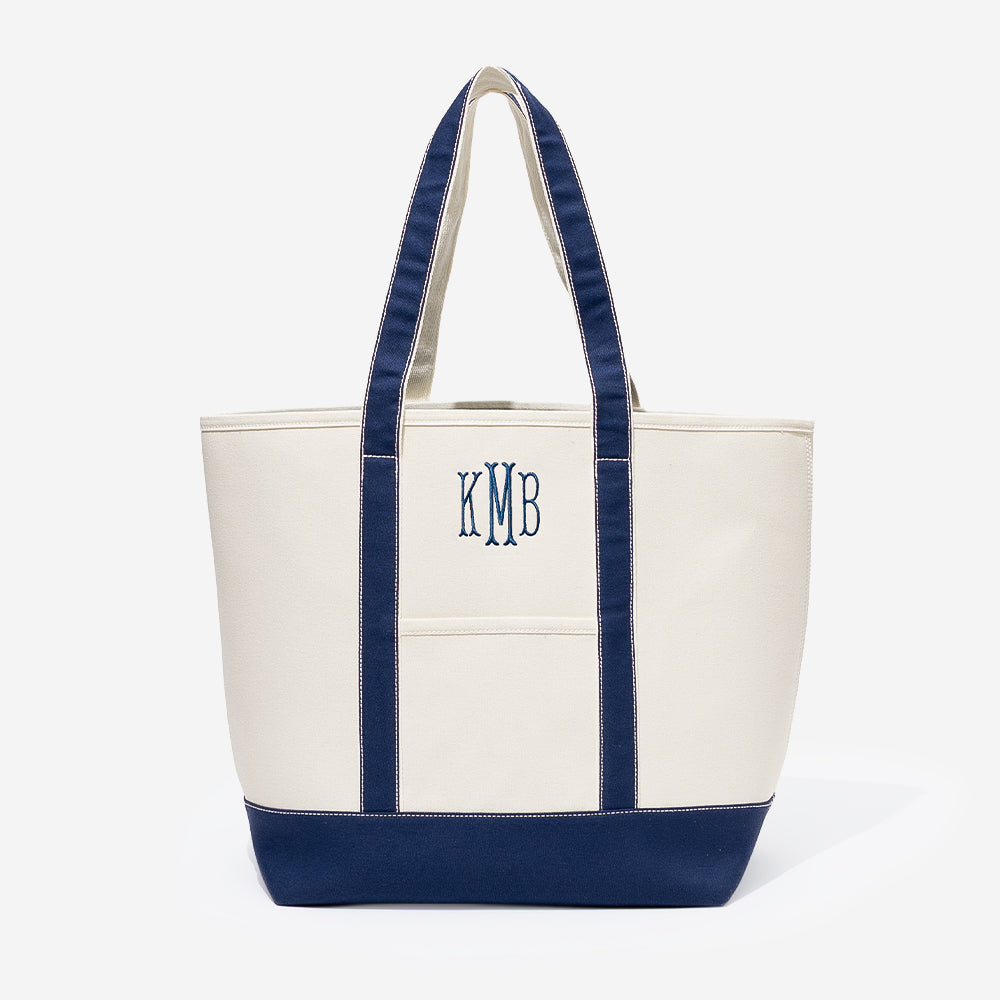 Monogrammed Large Canvas Tote in Navy and ivory