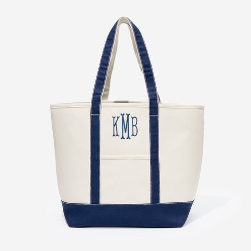 Monogrammed Large Canvas Tote in Navy and ivory