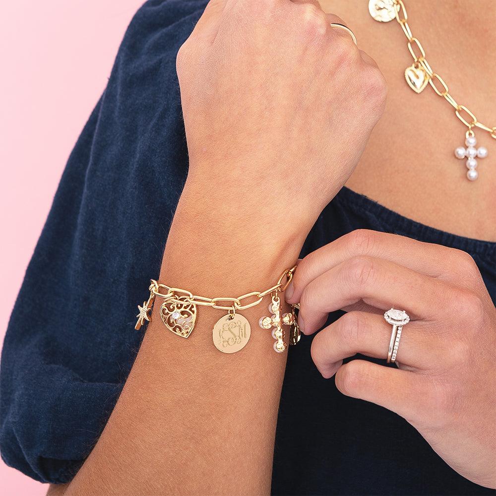 Monogrammed Signature Charm Bracelet and necklace on girl