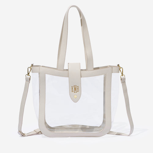 Monogrammed clear stadium approved tote in bone