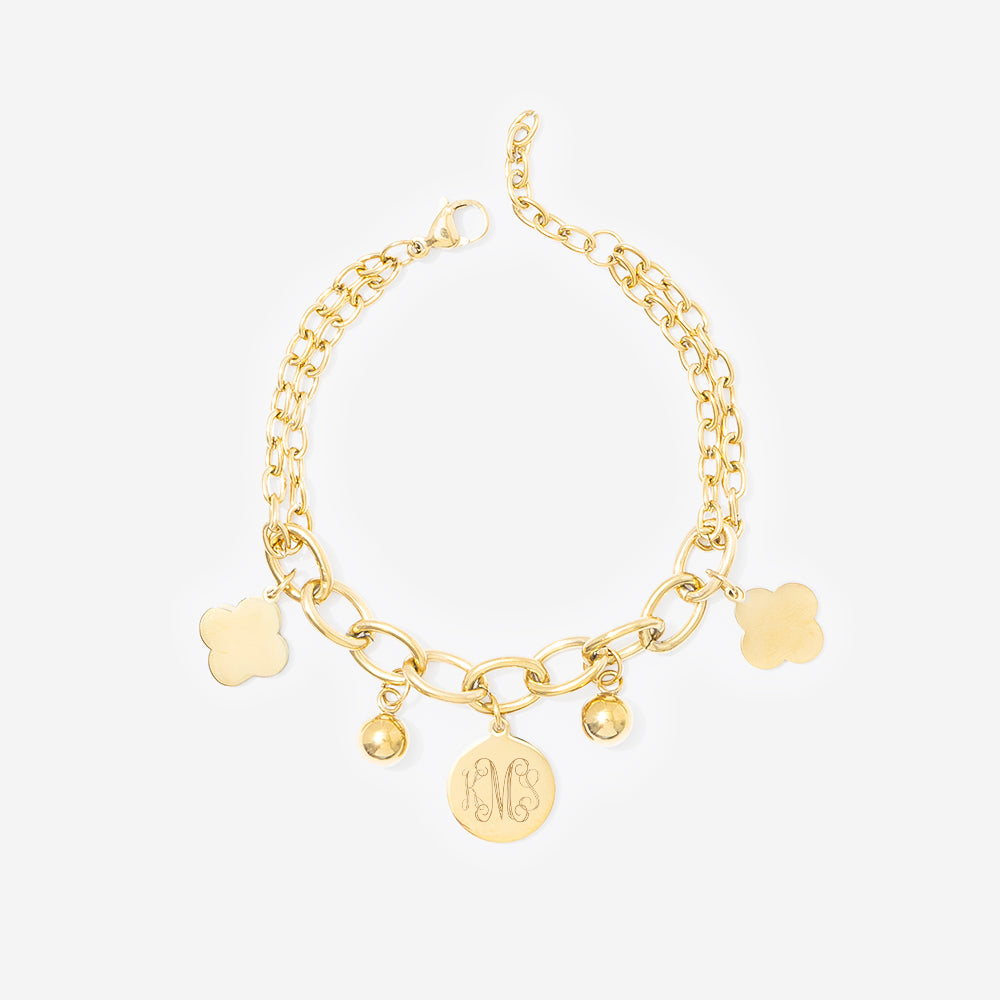 Monogrammed clover charm bracelet in gold