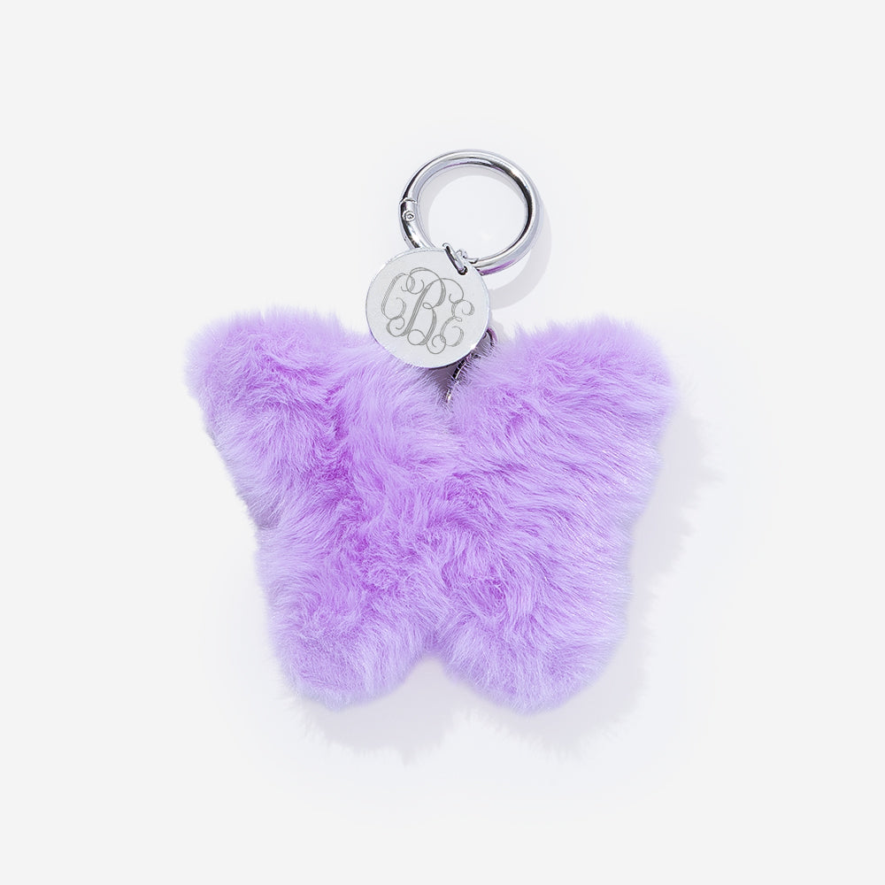 Monogrammed fuzzy bag charm keychain in purple butterfly