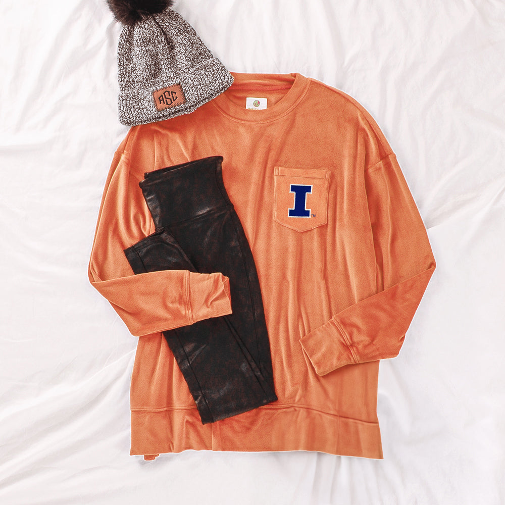 illinois fighting illini orange velour sweatshirt with leggings and sneakers