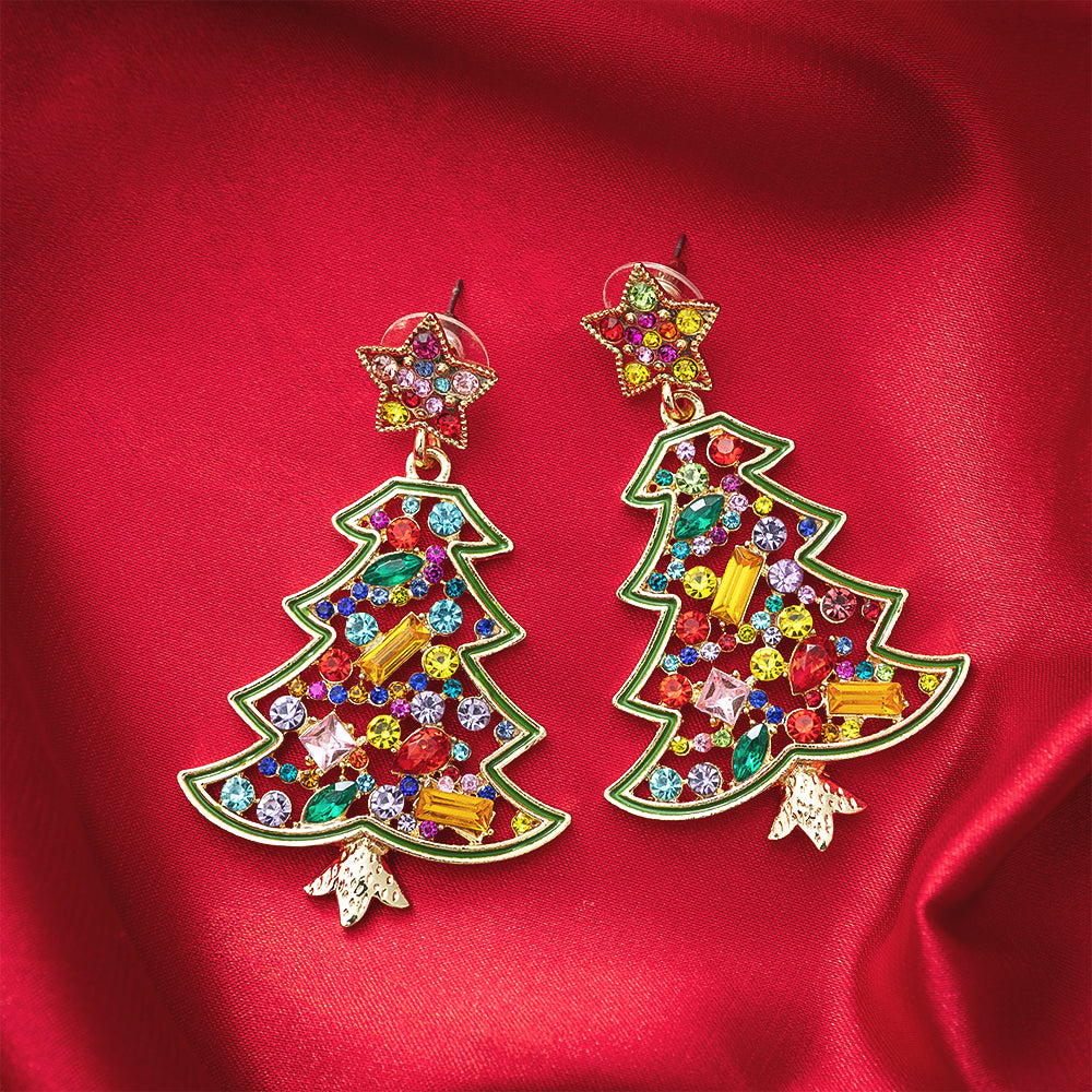 Multi Christmas Tree Earrings on red satin