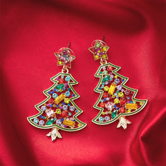 Multi Christmas Tree Earrings on red satin