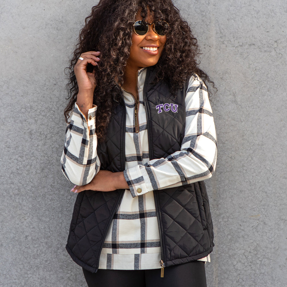 [mia] tcu puffer vest styled with plaid pullover leggings sunglasses