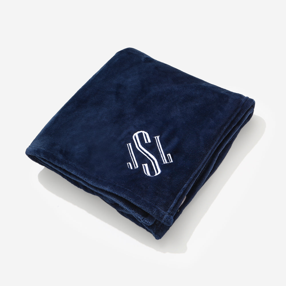 monogrammed plush blanket in navy