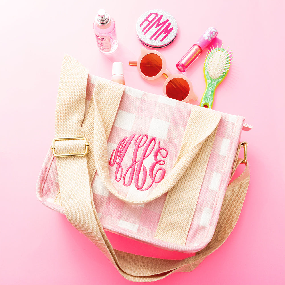 pink gingham girls tote bag flatlay