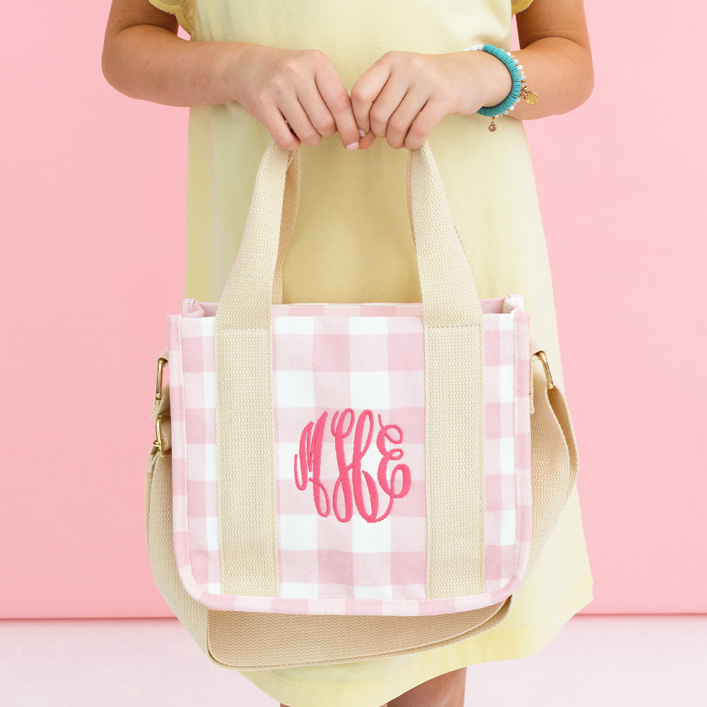 pink gingham girls tote bag in hands