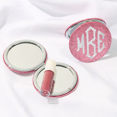 pink glitter monogrammed compact mirror open and closed