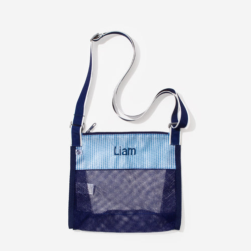monogrammed seashell bag in blue seersucker