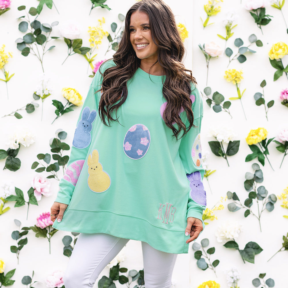 [peyton] girl wearing personalized easter sweatshirt with floral background