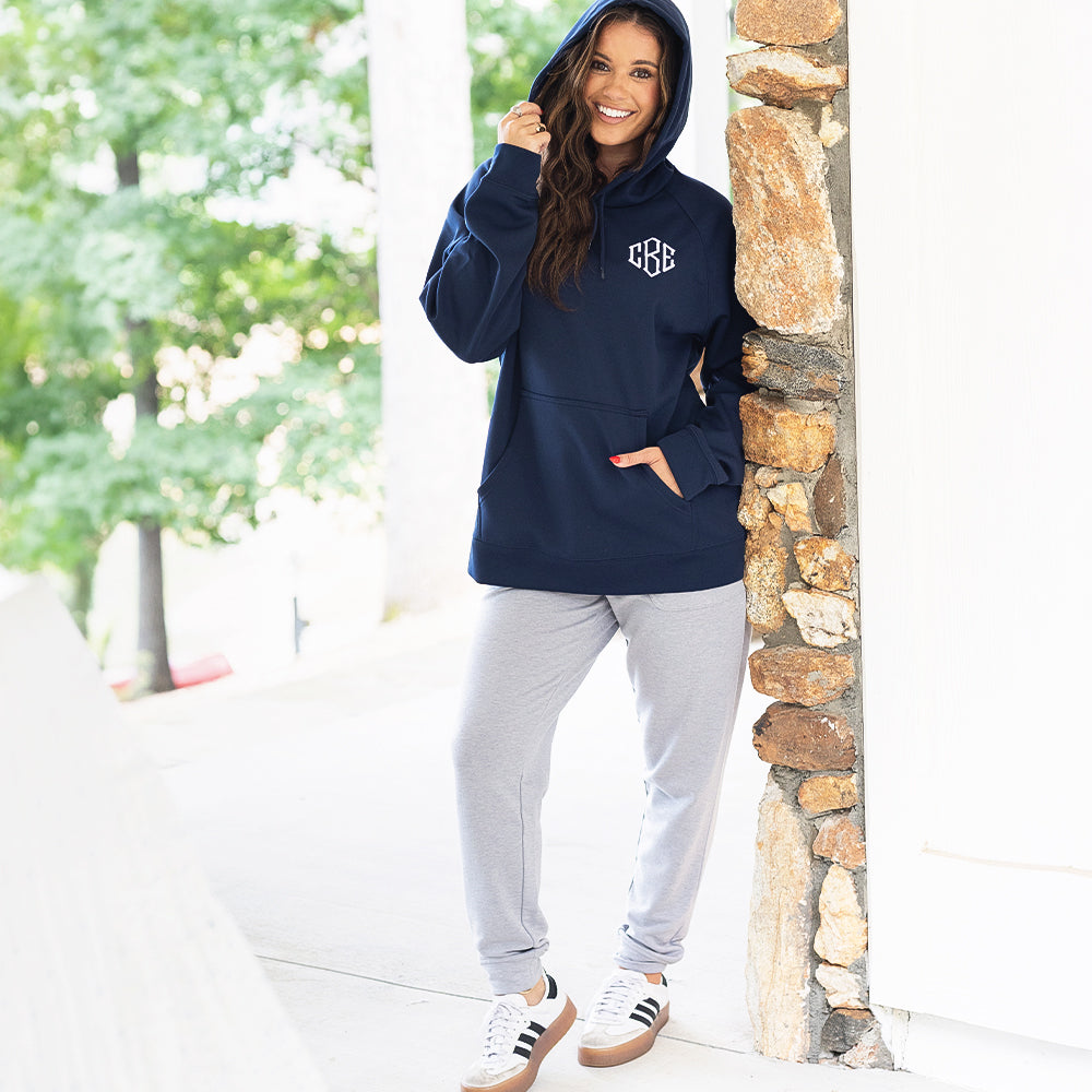 Navy hexsport polyknit sweatshirt on peyton full body