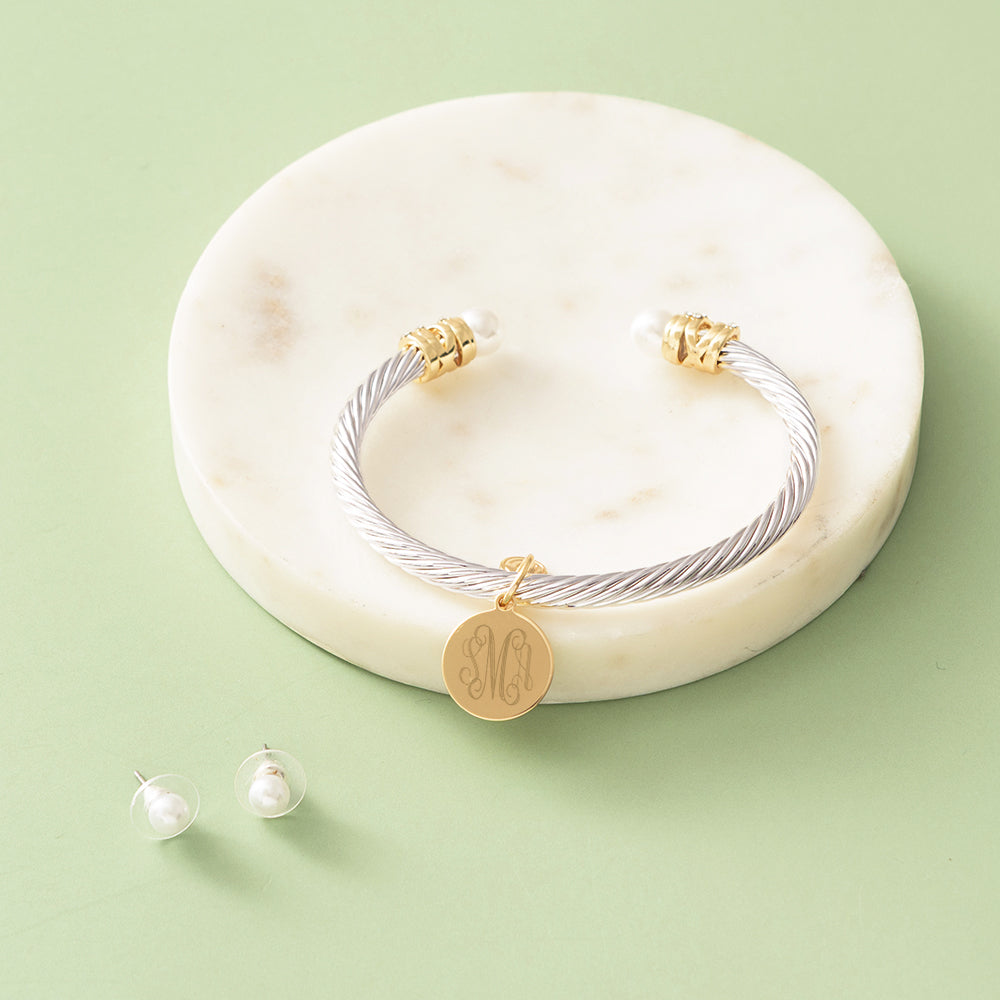 pearl cable bracelet & earring set on marble dish