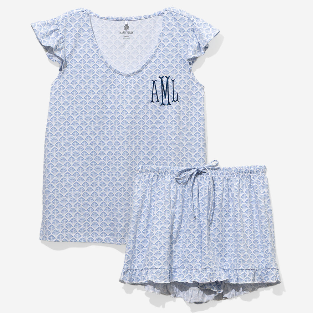 Monogrammed Ruffle Pajamas in Blue Shells