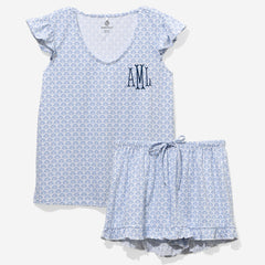 Monogrammed Ruffle Pajamas in Blue Shells