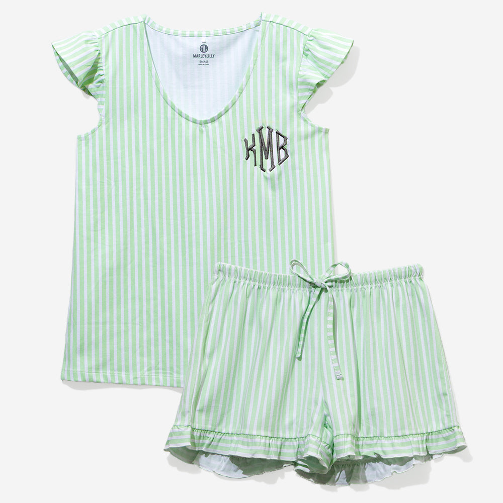 Monogrammed Ruffle Pajamas in Sage Stripes