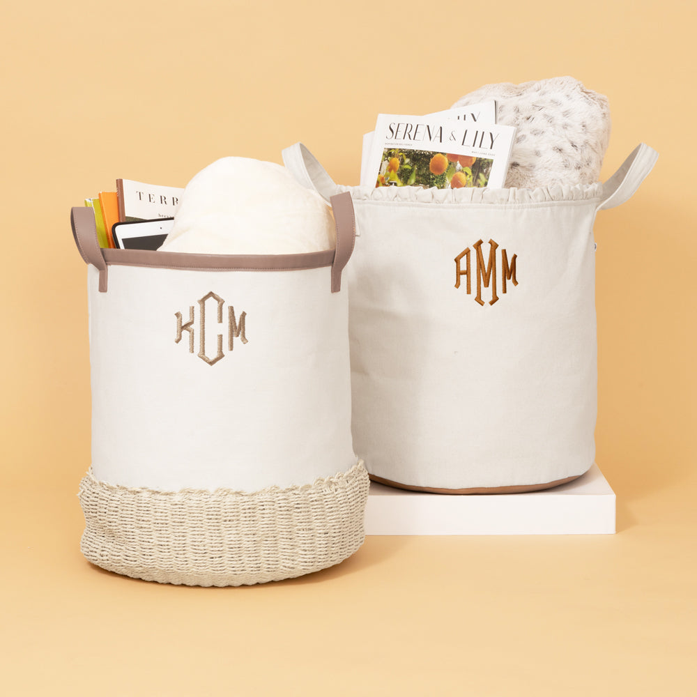 tan and ivory storage basket and ivory storage basket in studio