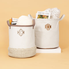 tan and ivory storage basket and ivory storage basket in studio