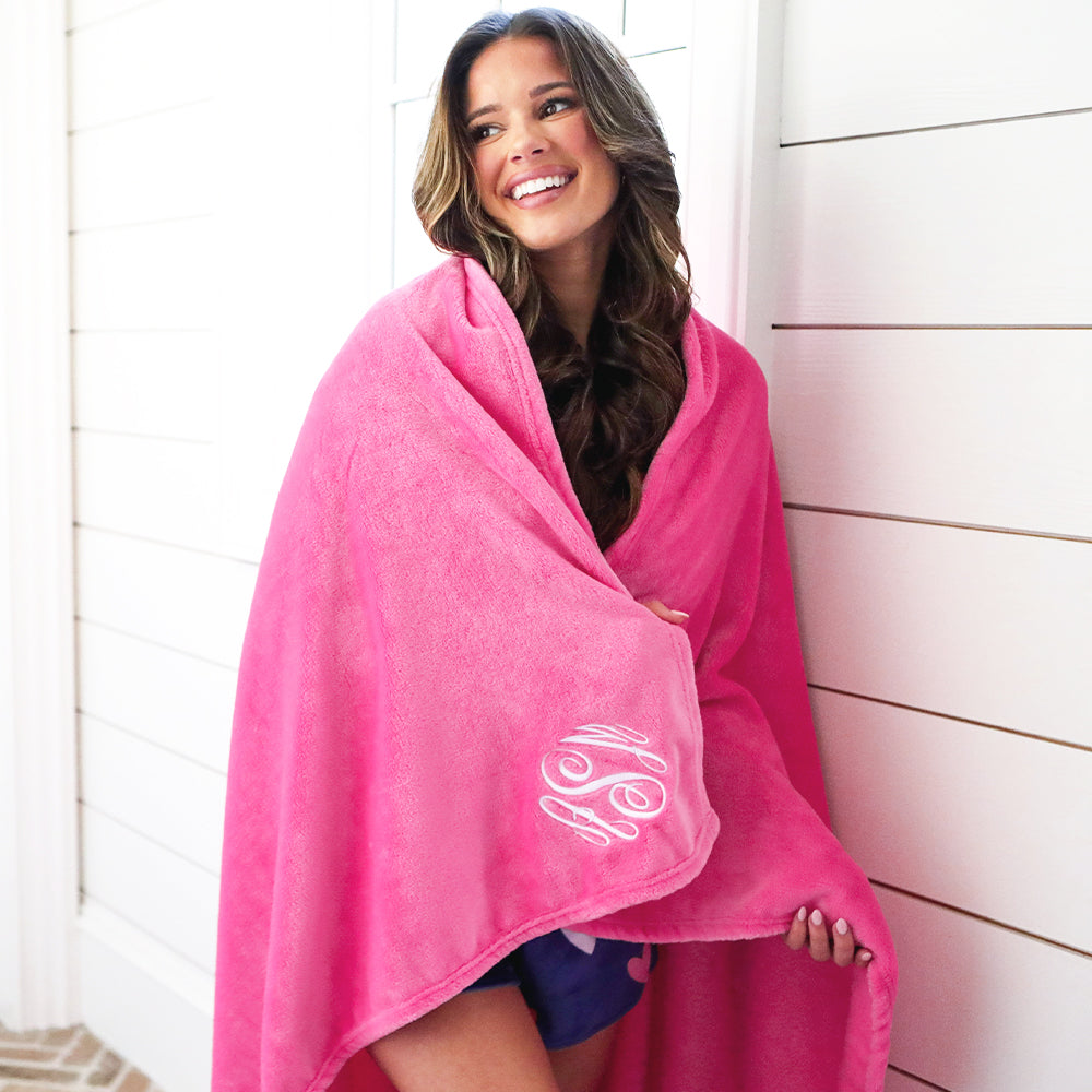 hot pink plush blanket wrapped around peyton