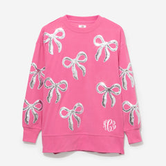 Monogrammed Sequin Bow Sweatshirt in Hot Pink
