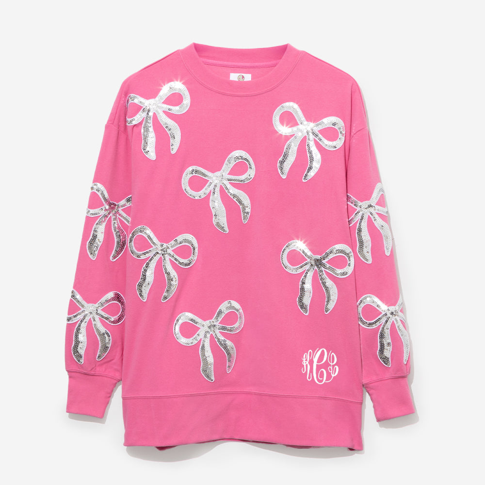 Monogrammed Sequin Bow Sweatshirt in Hot Pink