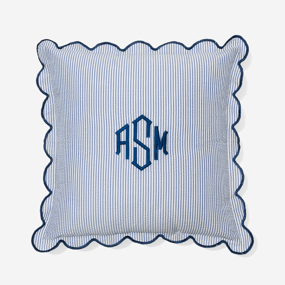 Monogrammed Scalloped Pillow Sham in Navy Seersucker