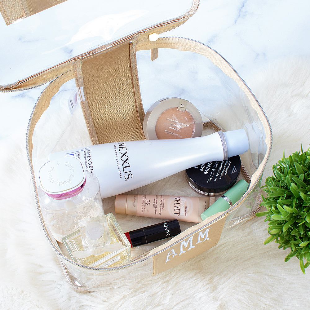 inside gold clear train case bag