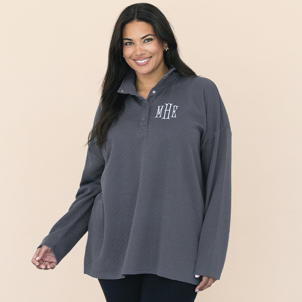 quilted charcoal pullover sweatshirt with popped collar