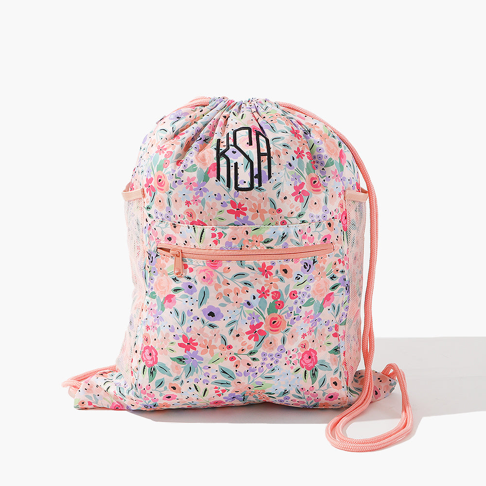 Monogrammed Kids Cinch Bag in Coral Floral