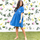 Monogrammed Split Neck Gathered Dress | Blue