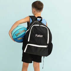kids black activity backpack on back