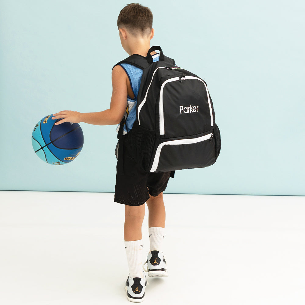 kids black activity backpack with basketball
