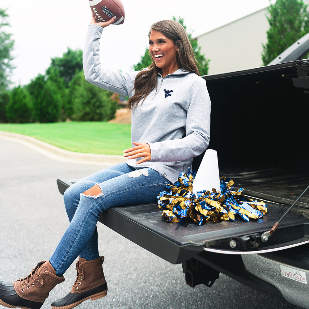 west virginia mountaineers heathered gray pullover sweatshirt with pom poms