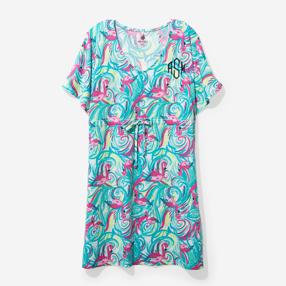 monogrammed cinch waist cover up in flamingo splish splash