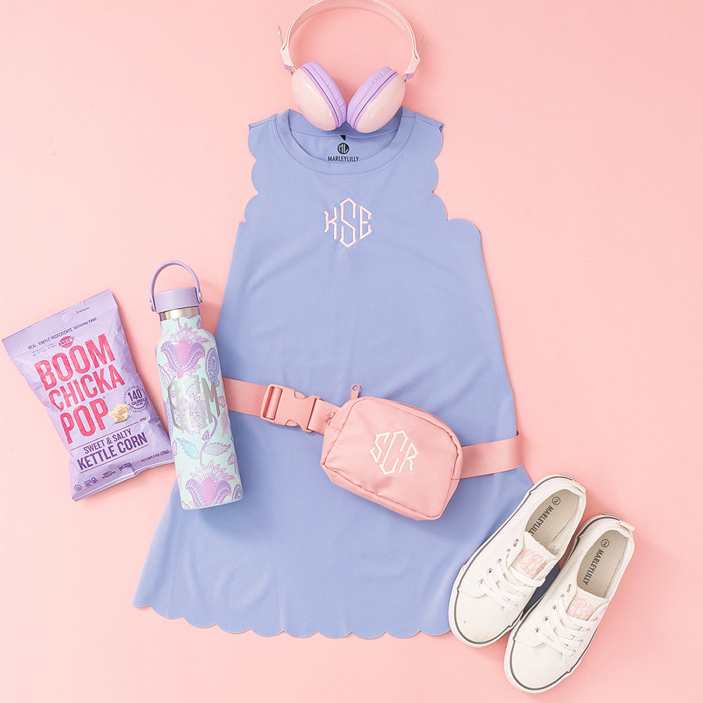 lavender scallop monogrammed kids dress