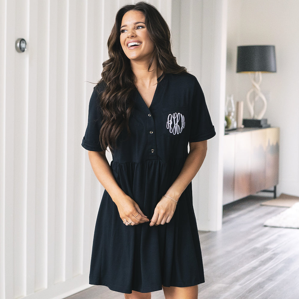 girl wearing black personalized split neck gathered dress