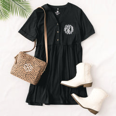 split neck gathered monogrammed dress with classic crossbody ootd