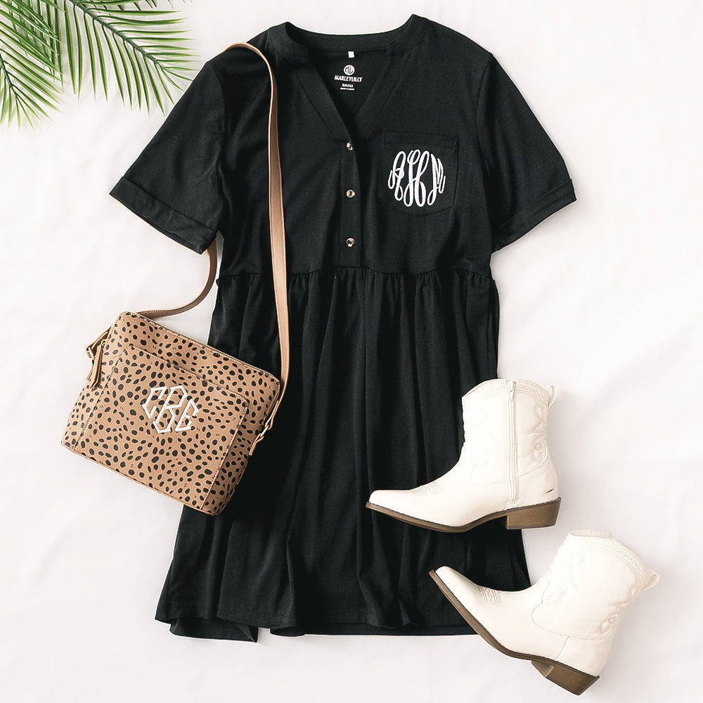 split neck gathered monogrammed dress with classic crossbody ootd