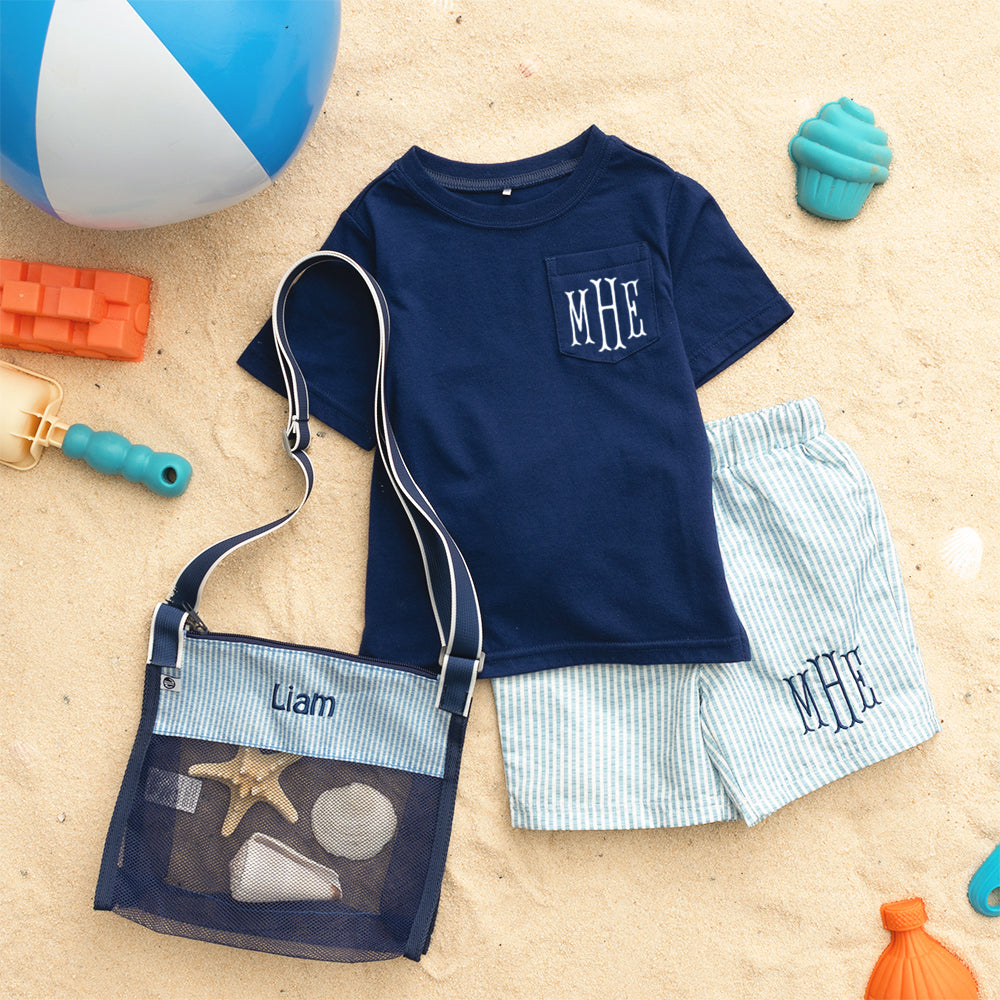 navy short sleeve shirt with swim trunks
