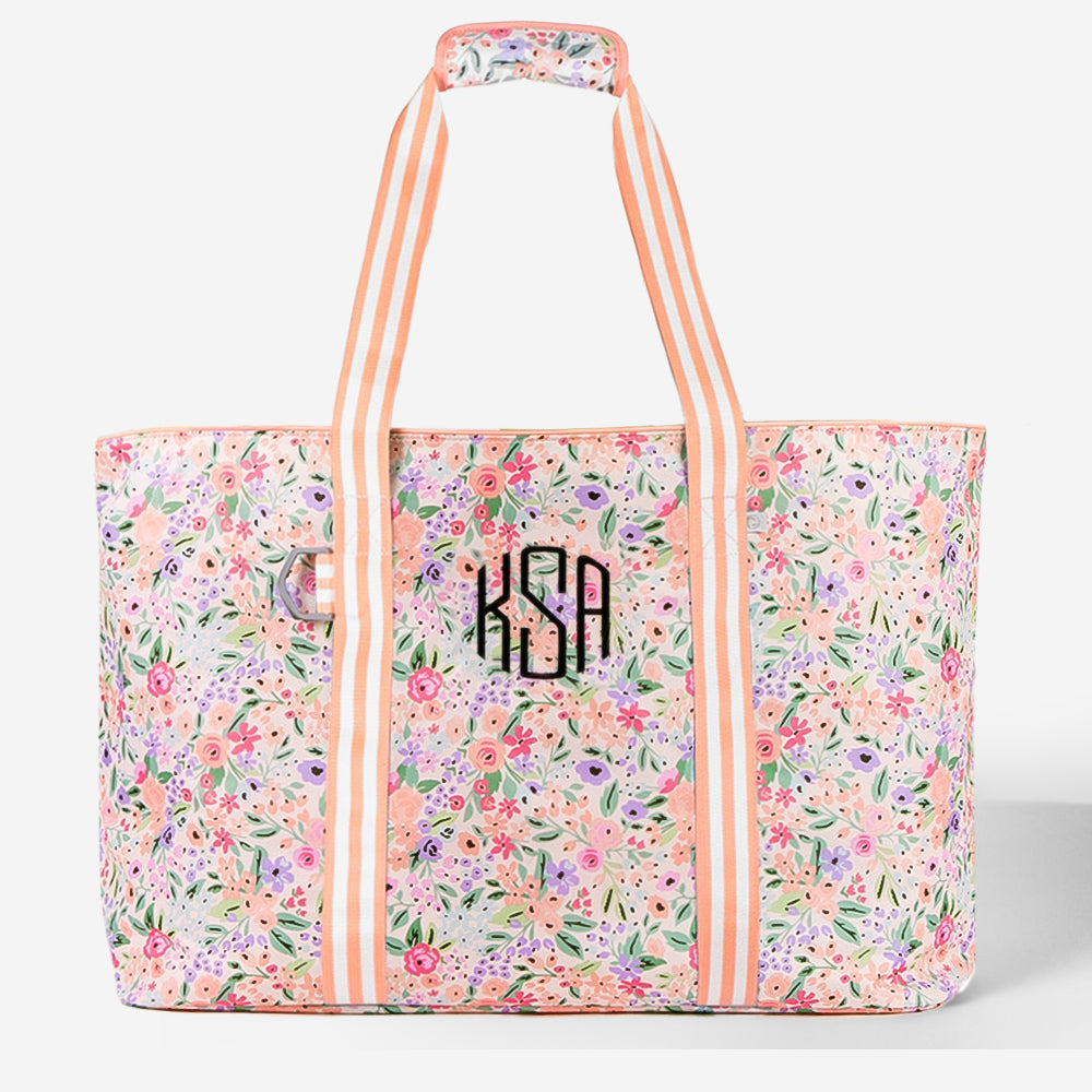 monogrammed extra large tote in coral floral