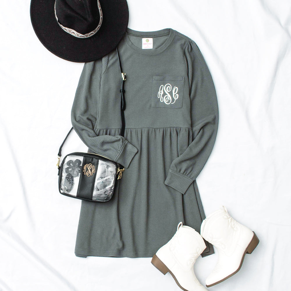 charcoal waffle puff sleeve derss flatlay