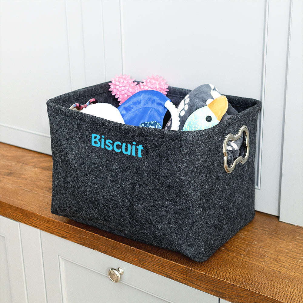 Pet personalized storage basket on counter