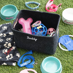 Pet personalized storage basket with pet accessories