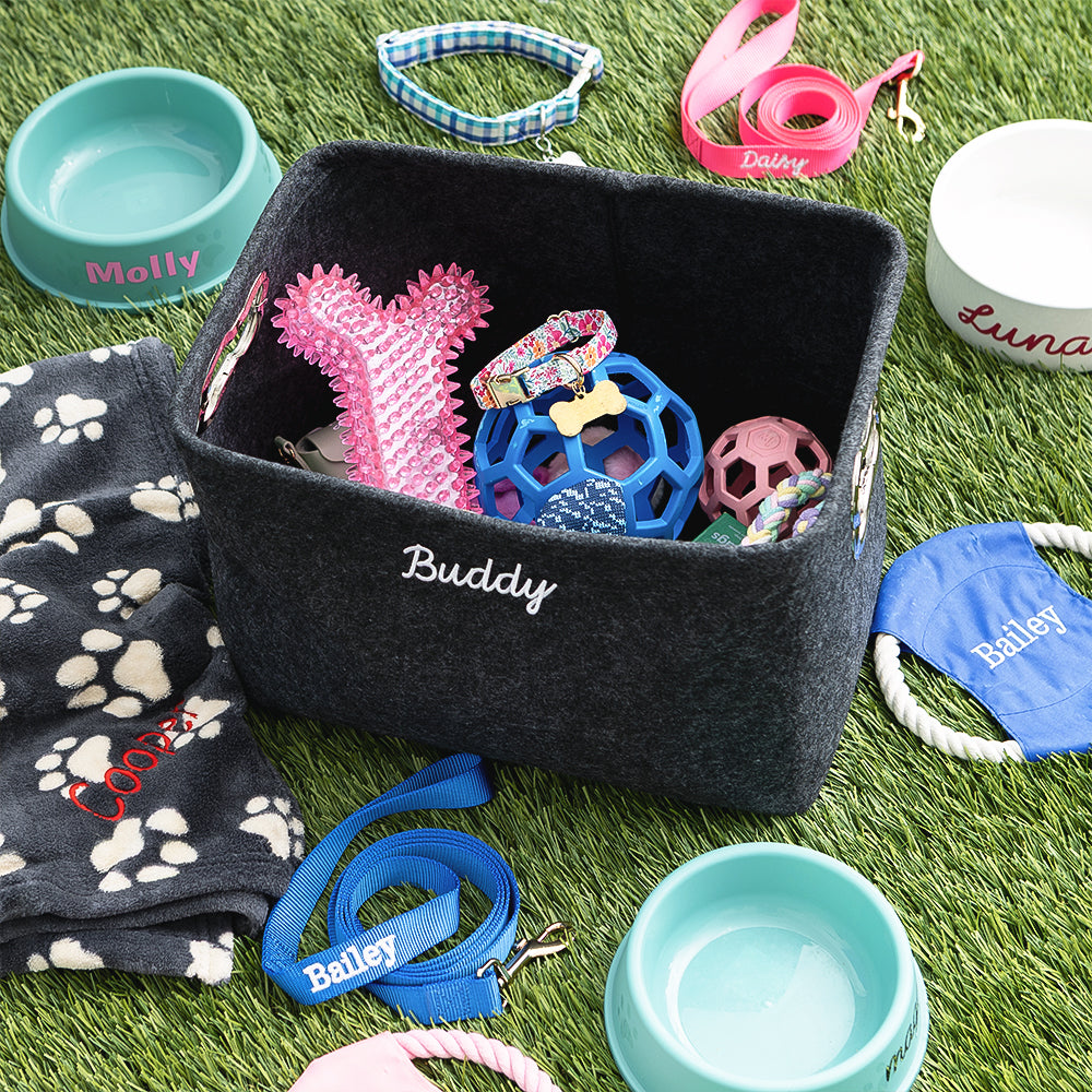 Pet personalized storage basket with pet accessories