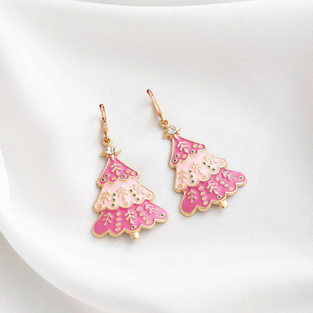 Pink Christmas Tree Earrings on white satin