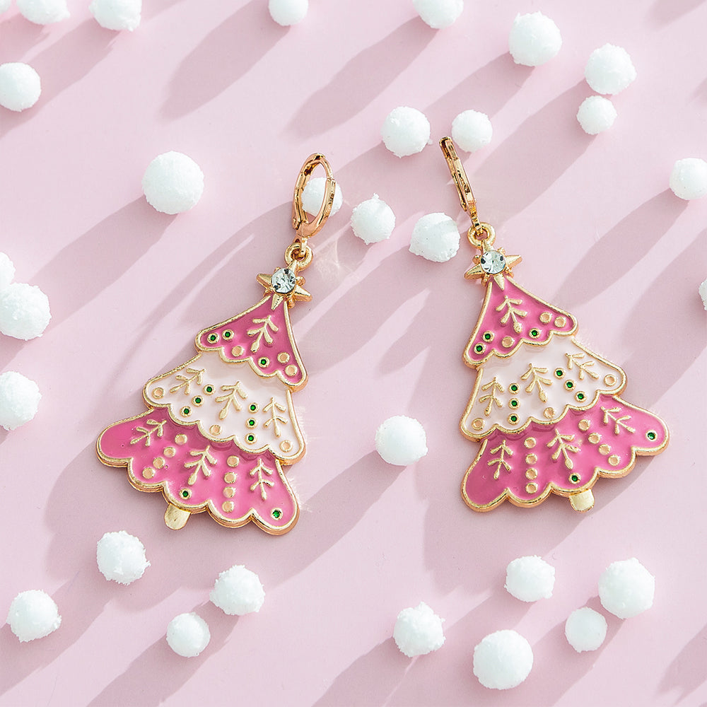 Pink Christmas Tree Earrings with cotton balls