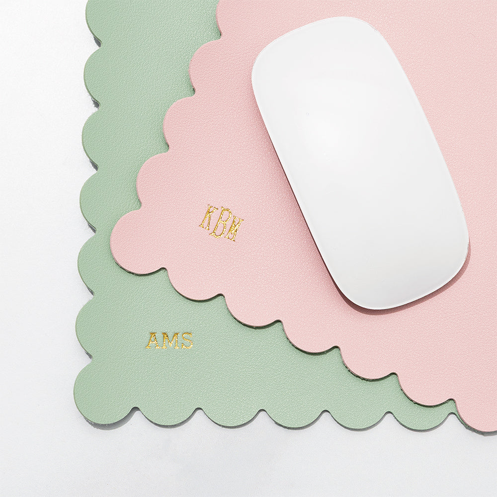 pink scalloped mouse pad with sage scalloped mouse pad